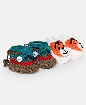 MayRa Knits Pack Of 2 Animal Face & Self Designed Hand Knitted Woollen Booties - White & Grey