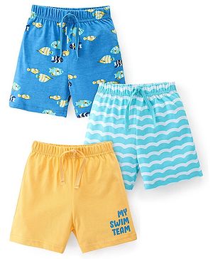 Babyhug Cotton Single Jersey Knit Shorts Fish Print Pack Of 3 - Blue & Yellow