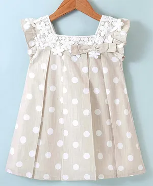 ToffyHouse Cotton Sleeveless Polka Dots Printed Frock with Floral Detailing - Khaki