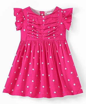 Babyhug Cotton Jersey Knit Frill Sleeveless Frock Polka Dot Print - Fuchsia