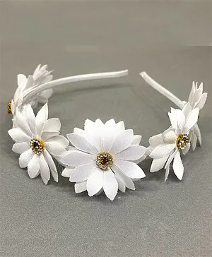 SKD Floral Applique & Stone Embellished Hair Band - White