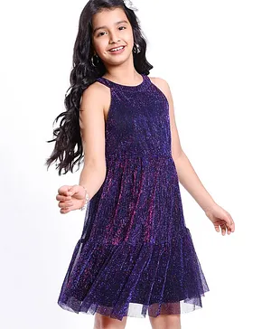 Hola Bonita Metallic Yarn Sleeveless Party Wear Glitter Incut Party Dress - Navy