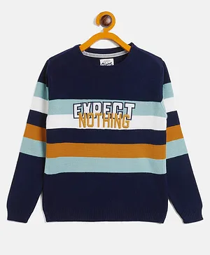 RVK Full Sleeves Rugby Striped & Expect Nothing Text Embroidered Acrylic Pullover Sweater - Navy Blue
