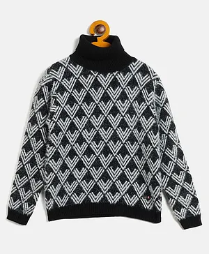 RVK Full Sleeves Abstract Designed Nylon High Neck Sweater - Black