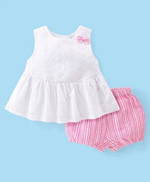 Babyhug 100% Cotton Sleeveless Schiffili Top & Shorts Set with Bow Applique - White & Pink