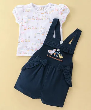 ToffyHouse Dungaree & Half Sleeves T-Shirt Set Duck Embroidery & Print - Navy Blue