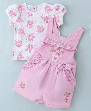 ToffyHouse Cotton Knit Embroidered Dungaree  &  Half Sleeves  T-Shirt Floral Print Bow Applique - Pink