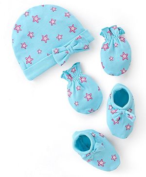 Babyhug 100% Cotton Cap Mittens & Booties Star Print - Blue
