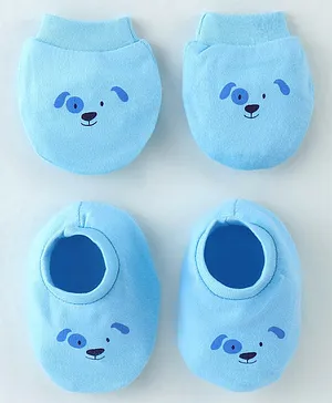 Simply Interlock Cotton Knit Mittens and Booties Set Puppy Print - Blue