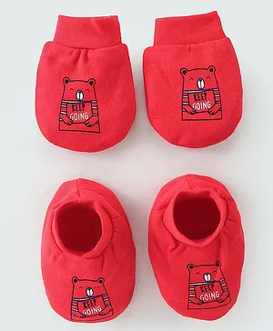 Simply Interlock Cotton Knit Mittens and Booties Set Keep Going Print -  Red
