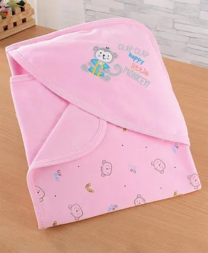 Simply Terry Knit Hooded Towel & Wrappers with Monkey & Text Print L 80 x B 80 cm- Pink