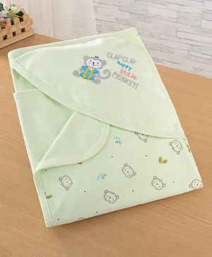Simply Terry Knit Hooded Towel & Wrappers with Monkey & Text Print L 80 x B 80 cm- Green