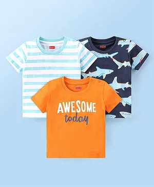 Babyhug 100% Cotton Knit Half Sleeves Striped T-Shirt With Shark Graphics Pack of 3-Multicolor