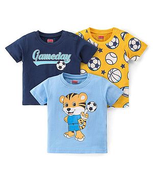 Babyhug Cotton Knit  Half Sleeves T-Shirt with Football & Tiger Graphics Pack of 3 - Multicolour