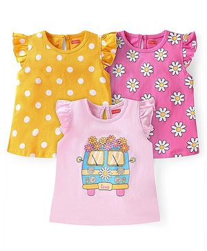 Babyhug 100% Cotton Knit Frill Sleeves Top With Floral Print Pack Of 3 - Multicolor