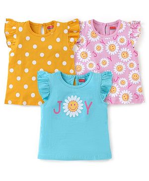 Babyhug Cotton Knit   Half Sleeves with Frill Detailing T-Shirts Polka Dots & Floral Print Pack of 3 - Multicolour