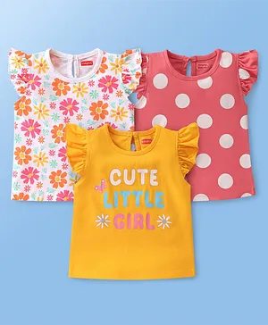 Babyhug Cotton Knit Frill Sleeves T-Shirts with Floral & Text  Print  Pack of 3- Multicolour