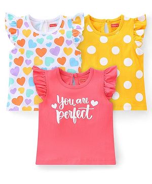 Babyhug Cotton Knit Frill Sleeves T-Shirt with Polka Dot Heart & Text Print Pack of 3 - Multicolour