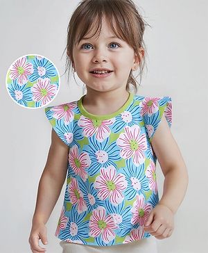Babyhug 100% Cotton Knit Cap Sleeves Top with Floral Print - Lime Green & Blue