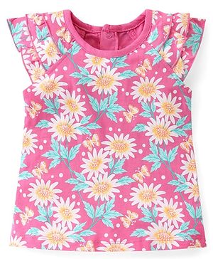 Babyhug 100% Cotton Knit Cap Sleeves Top with Floral Print & Frill Detailing - Pink
