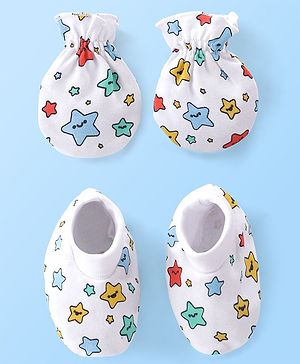 Babyhug 100% Cotton Knit Mittens & Booties Set Star Print Pack of 2 - White