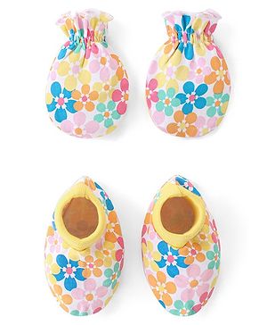 Babyhug 100% Cotton Knit Mittens & Booties Set Floral Print - Yellow