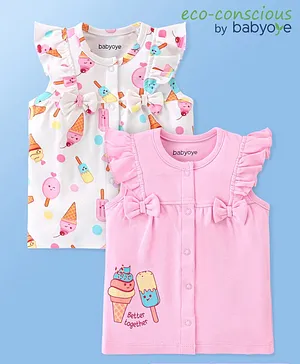 Babyoye  Cotton Knit  Frill Sleeves Set of Vests with Ice Cream Print & Bow Applique  Pack of 2- Pink & White