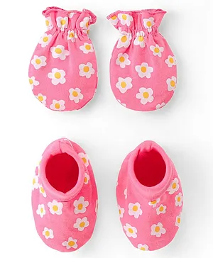 Babyhug 100% Cotton Knit Mittens & Booties Set Floral Print- Pink