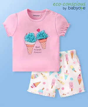 Bonfino 100% Cotton Knit Eco Conscious Half Sleeves T-Shirt & Shorts With Ice Cream Print - Pink & White