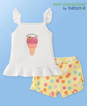 Babyoye Cotton Knit Singlet Sleeves Top & Shorts With Ice Cream - White & Yellow