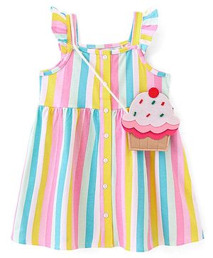 Babyhug Cotton Jersey Sleeveless Frock with Sling Bag - Multicolour