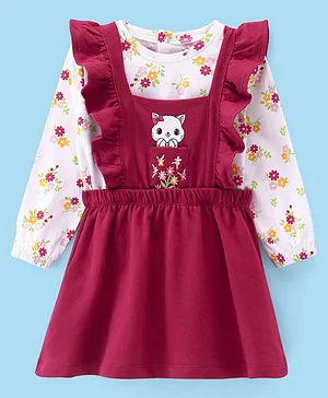 Babyhug Cotton Jersey Knit Kitty Printed Frock with Full Sleeves Inner Tee - Maroon