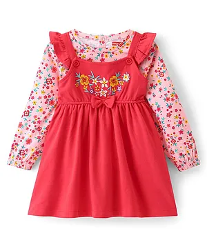 Babyhug Cotton Jersey Knit Floral Embroidery Frock with Full Sleeves Printed Inner Tee - Red