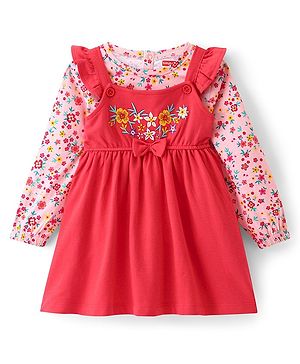 Babyhug Cotton Jersey Knit Floral Embroidery Frock with Full Sleeves Printed Inner Tee - Red