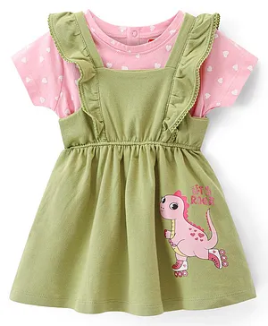 Babyhug Cotton Jersey Knit Dino Printed Frock with Half Sleeves Heart Print Inner Tee - Green & Pink