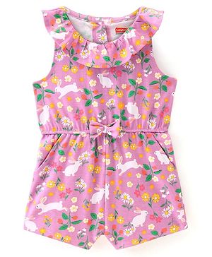 Babyhug  Cotton Jersey Knit Sleeveless Jumpsuit Floral Print & Bow Applique  - Pink