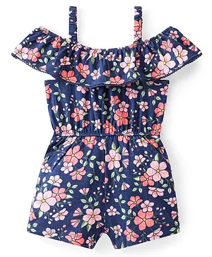 Babyhug Cotton Jersey Sleeveless Floral Printed Singlet Jumpsuit - Navy Blue