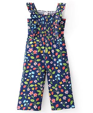 Babyhug Cotton Knit  Sleeveless Jumpsuit  with Floral Print - Navy Blue