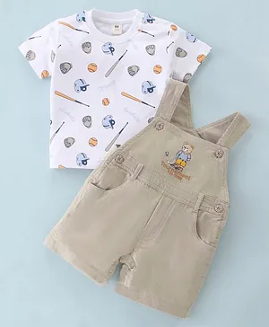 ToffyHouse Half Sleeves T-Shirt With Dungaree Baseball & Bear Embroidery & Print - Fawn