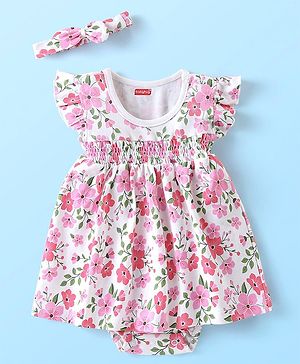 Babyhug 100% Cotton Knit Sleeveless Onesies with Hair Band Floral Print - Multicolor