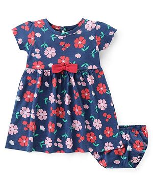 Babyhug Cotton Jersey Knit Half Sleeves Frock With Bloomer Floral  Print & Bow Applique - Navy Blue