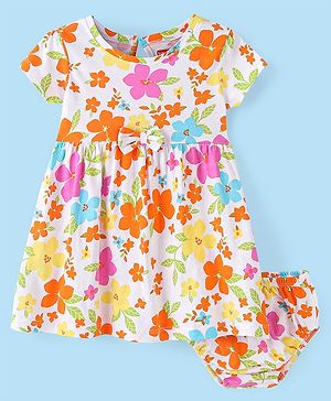 Babyhug 100% Cotton Jersey Knit Half Sleeves Frock With Bloomer Floral Print - Pink