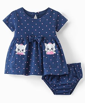 Babyhug Cotton Jersey Knit Half Sleeves Frock With Bloomer Kitty & Heart Print - Navy Blue