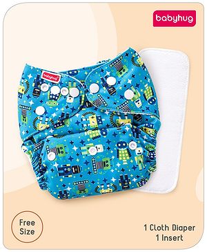 Babyhug Free Size Reusable Cloth Diaper with Smart Dry Insert Combo Robot Print- Teal Blue