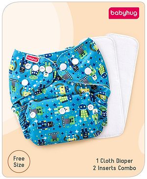 Babyhug Free Size Reusable Cloth Diaper with 2 Smart Dry Inserts Combo Robot Print- Teal Blue