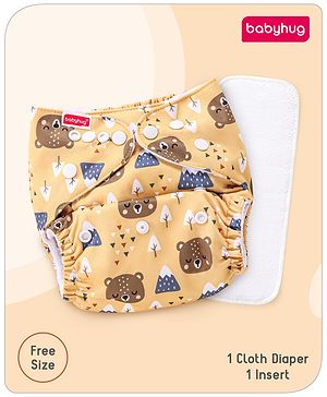 Babyhug Free Size Reusable Cloth Diaper with Smart Dry Insert Combo Bear Faces Print- Mustard Yellow