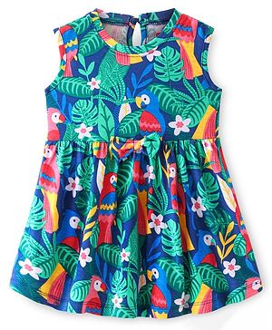 Babyhug Cotton Jersey Knit Sleeveless Frock Parrot Print - Blue