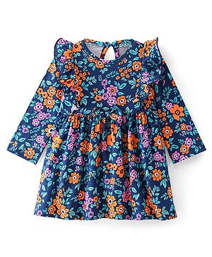 Babyhug Cotton Jersey Knit Full Sleeves Frock Floral Print - Navy Blue