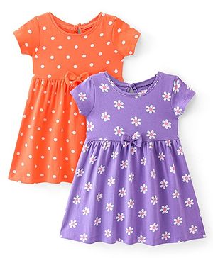 Babyhug Cotton Jersey Knit Half Sleeves Frock with Polka Dot Print Pack of 2 - Multicolor