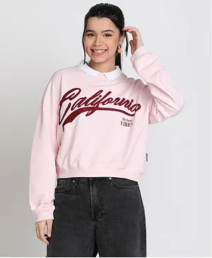Lil Tomatoes  Full Sleeves California Text Printed Light Weight Cotton Looper Collared Sweatshirt - Pink
